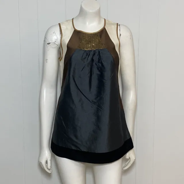 Plenty by Tracy Reese Top Womens P Black Silk Bronze Sequin Sleeveless Button