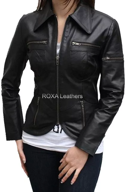 ROXA Designer Women Black Genuine Lambskin 100% Leather Jacket Collar Party Coat