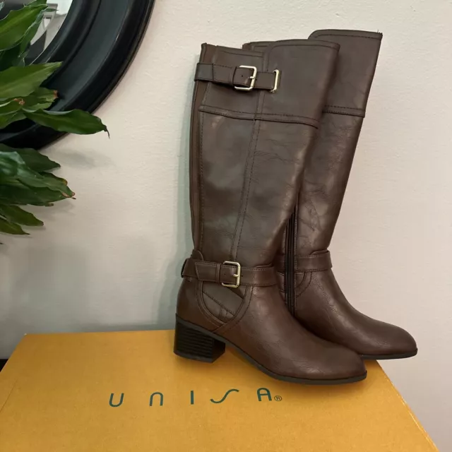 Unisa Boots Womens 8M  Wide Calf Tall Riding Brown Faux Leather Side Zip