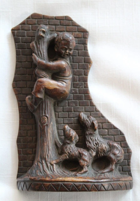 VTG ARTECOR Casa Natal De Madeira Brasil 7" tall Boy chased up tree by dogs-#12