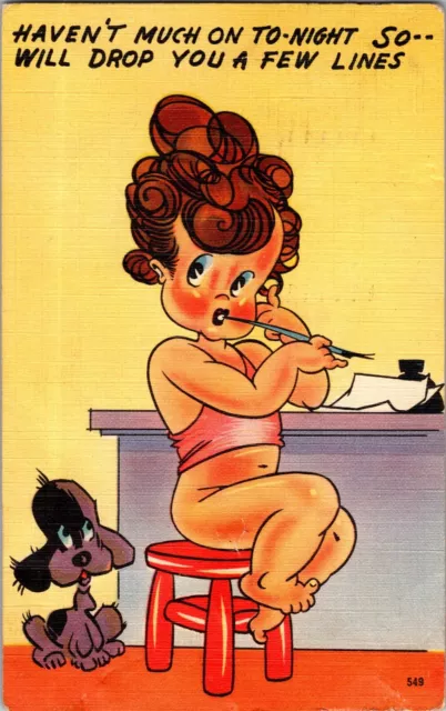 Comic Risque Postcard Half Dressed Young Woman Sexy Bikini Dog Linen 1948 RV