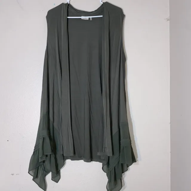 Lori Goldstein LOGO Size 1X Green Tunic Vest Cardigan Top Lace Trim Kimono Soft