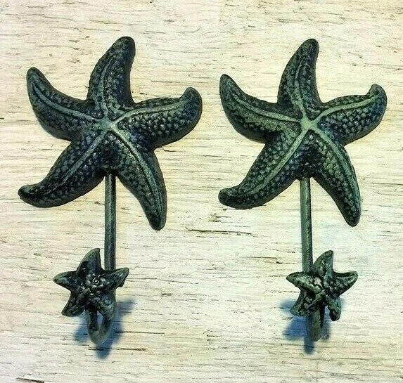 PAIR OF ANTIQUE BLUE GRAY STARFISH HOOKS ocean star fish seashell beach 6" in