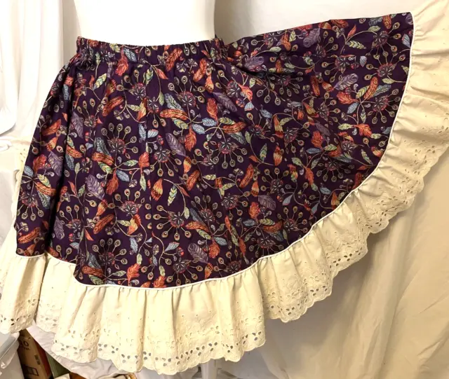 Tater Sax Square Dance Skirt Purple Jacobean Floral+Wide Cream Eyelet Lace S/M/L
