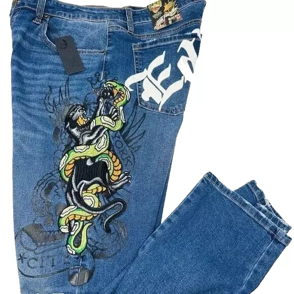 Ed Hardy Men's Panther Snake Logo Distressed Slim Taper Jeans 34 NWT