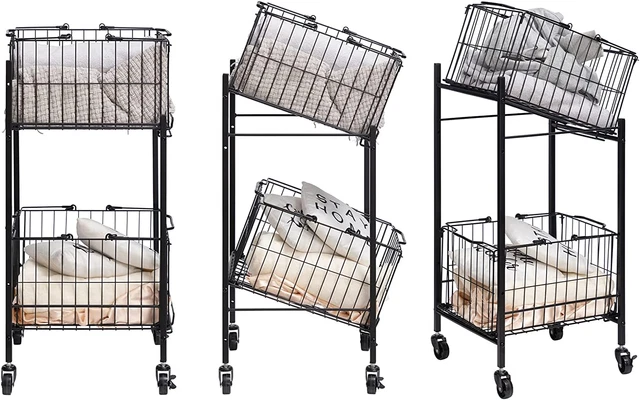 ALIMORDEN 2 Tier Removable Wire Laundry Basket, Large Laundry Basket Bulter Fold