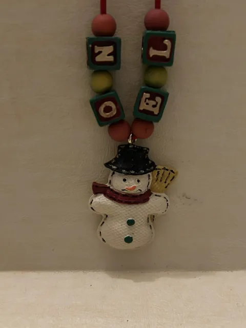 Vintage Americana Folk Art Christmas Noel Snowman Pendant Necklace Painted Bead