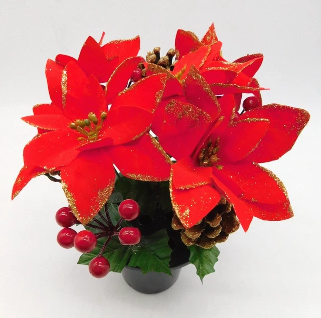 Christmas Red Gold Glitter Poinsettia And Berry Grave Pot