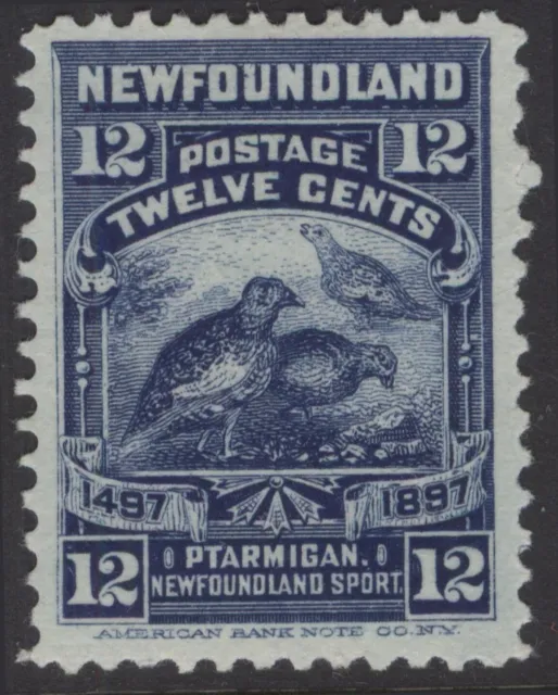 NEWFOUNDLAND 69 1897 12c DARK BLUE CABOT ISSUE WILLOW PTARMIGAN (#21) MPH CV$40