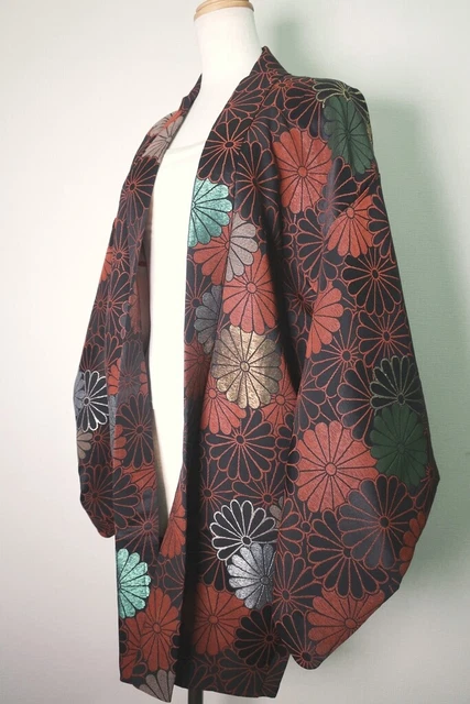 8526F3 Silk Vintage Japanese Kimono Haori Jacket Kikuzukushi Urushi