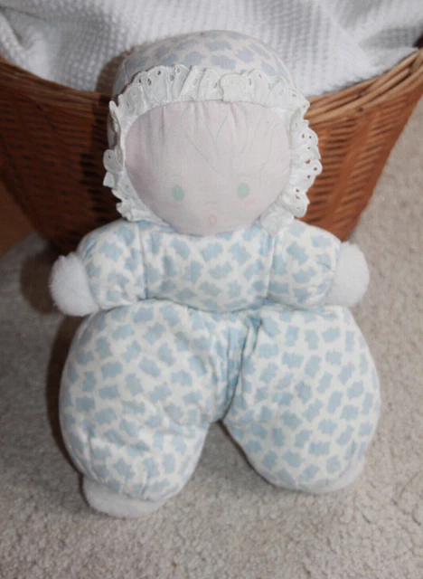 NOUNOURS POUPEE doudou peluche VINTAGE blanc imprimé ours bleu grelot 30 cm