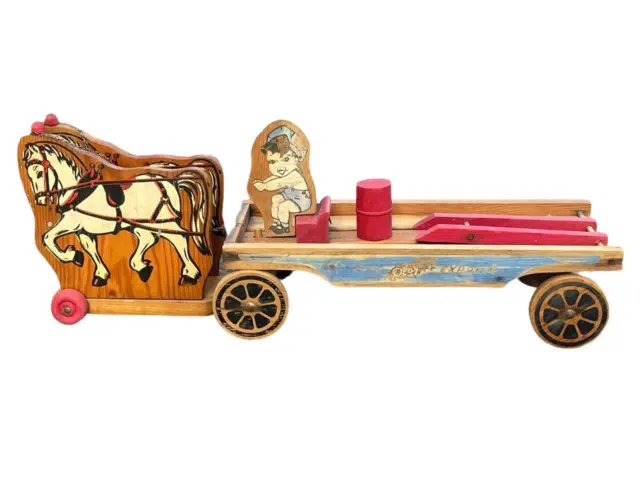 Vintage Wood Toy Cass Playboy Express Horse Wagon Cart w/ Driver