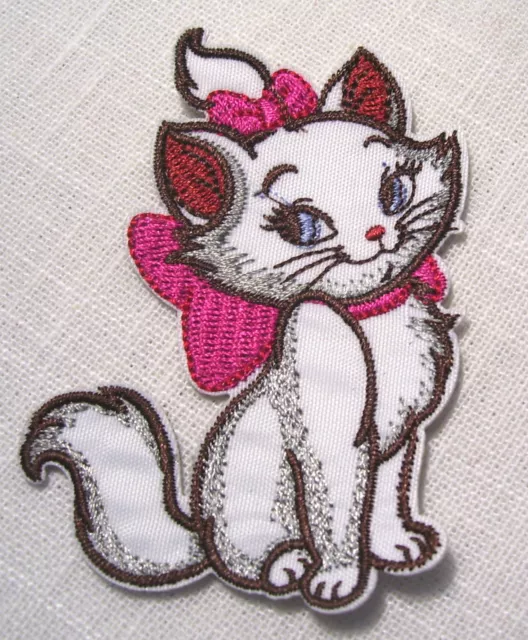 ÉCUSSON PATCH thermocollant, CHAT BLANC MARIE NOEUD ROSE ** 6 x 8 cm **