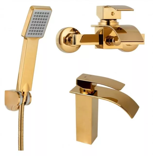 YOKA Luxury Brass Gold Basin And Bath Mixer With Hand Shower Set of 3