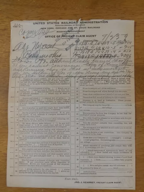 1918 New York Chicago & St. Louis Railroad Freight Claim Sheet