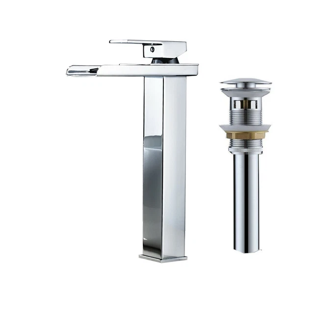 Grifo de fregadero cromado lavabo alto cascada grifo mezclador de mango único con drenaje emergente