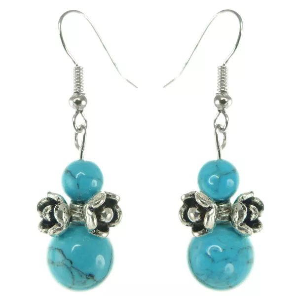 Boucles D'oreilles Argentées Petites fleurs Argent Tibetain Perles Pierre bleu