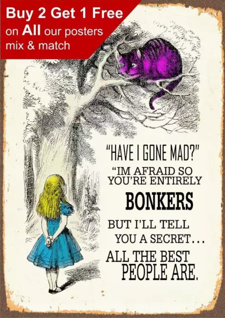 Alice In Wonderland We're All Bonkers - Vintage Poster Print A5 A4 A3 A2 A1 A0
