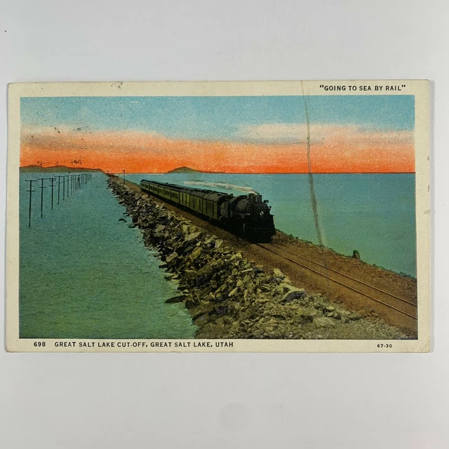 Postcard Utah Great Salt Lake UT Cut-Off Southern Pacific Train Railroad 1930s