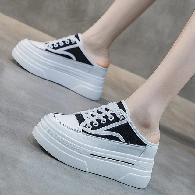 Slipper Women Canvas Slipper Cow Leather Round Toe Fashion Sneaker High Heels