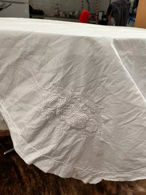 Vintage White Cotton Tablecloth with floral embroidery patches & piped border
