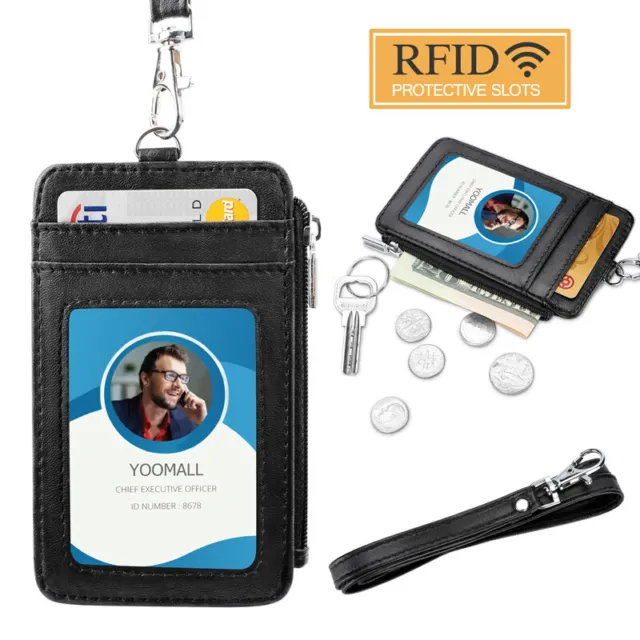 ID Badge Card Holder Pu Leather 5 Slots With Neck Strap Lanyard Necklace Black 2