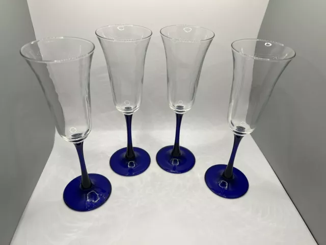 Vintage set of  4 Luminarc France Cobalt Blue Stem Champagne Glass  Flutes