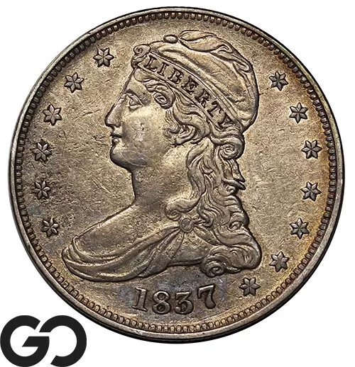 1837 Capped Bust Half Dollar, Reeded Edge, Choice AU Tougher Date