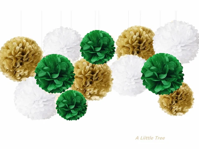 12 Stck. Grüngold Weiß Stoff Papier Bommel Bommel Bommel Geburtstag Hochzeit (8 Zoll + 10 Zoll)