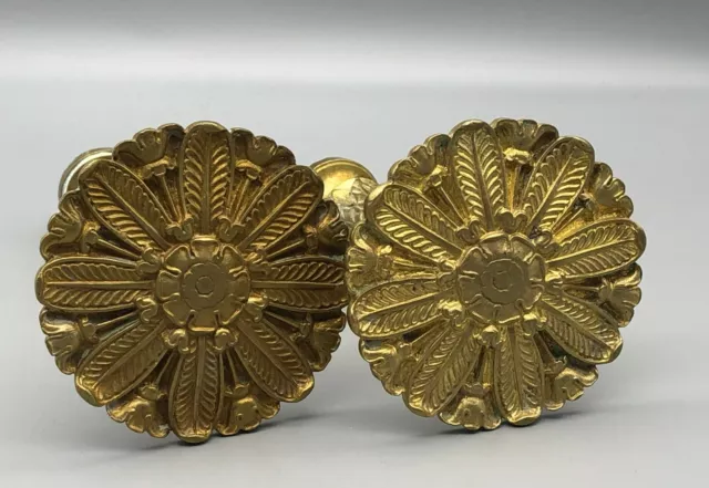 Antique Heavy Cast Gold Gilt Brass Flower Curtain Drapery Tie Backs Marked CH