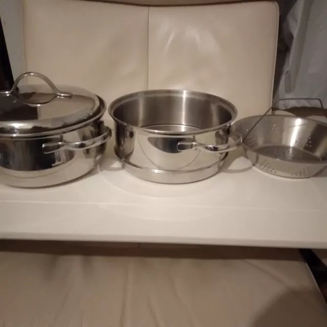 Quality Three Piece Stainless Steel Casserole Steamer Set.