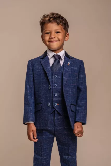 Boys Kids Cavani Slim Fit Retro Blue Check Tweed Suit Vintage Peaky RRP� 144