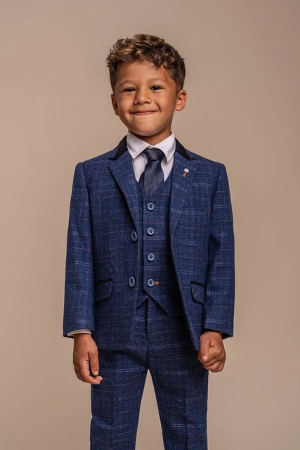 Boys Kids Cavani Slim Fit Retro Blue Check Tweed Suit Vintage Peaky RRP� 144