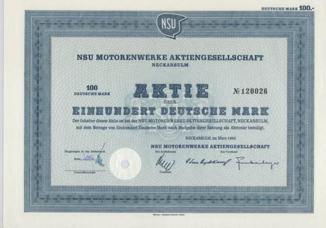 NSU Motorenwerke AG Neckarsulm - Aktie 100 DM - 1965