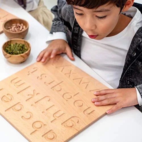 BLUE GINKGO Wooden Alphabet Tracing Board - Double-Sided Montessori Letter Tr...