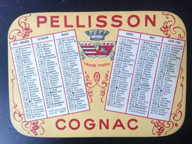 Ancien mini calendrier de poche Cognac Pellisson 1955 TTBE