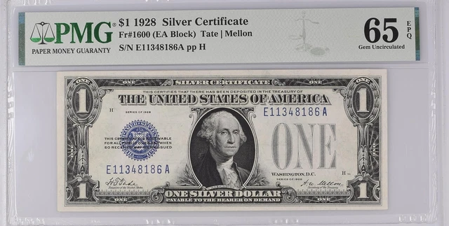 1928 $1 Silver Certificate Fr 1600 PMG Gem UNC 65 EPQ