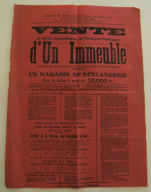 Affiche vente enchère immeuble magasin boulangerie 1935 vintage rétro