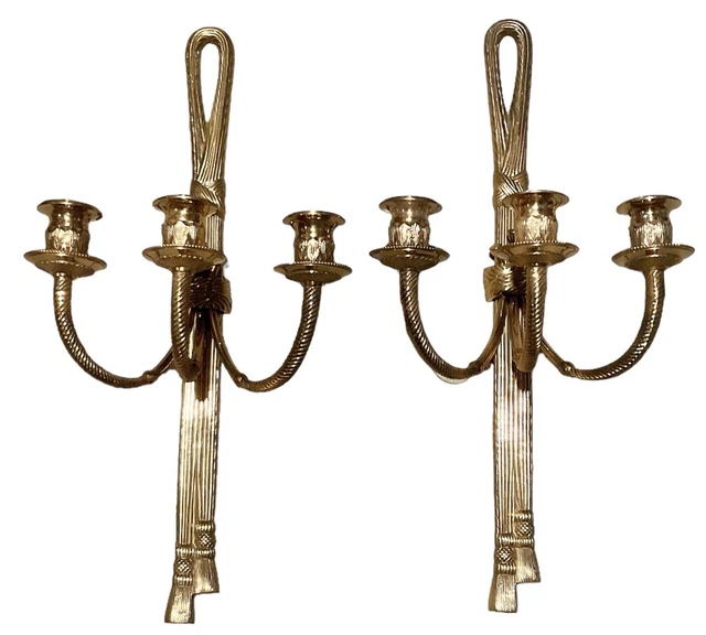 Pair French Louis XVI Style Solid Brass Wall Candle Sconces Tassel Vintage