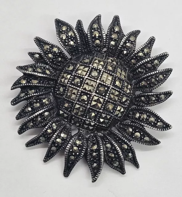 Judith Jack Signed Sunflower Sterling Silver Marcasite Brooch Pin 15.7g Vintage