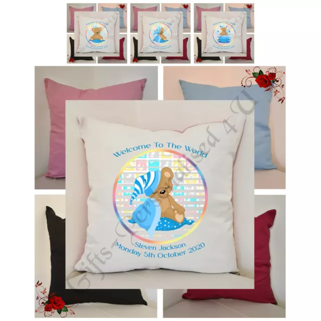 Personalised 16″ Cushion – Baby Birth – Sweet Dreams Bear - Boy - Designs 4-6