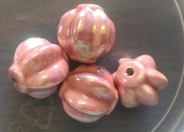 Vintage Italian Pink w AB Effect Large Fluted Lantern Large Glazed Ceramic Beads