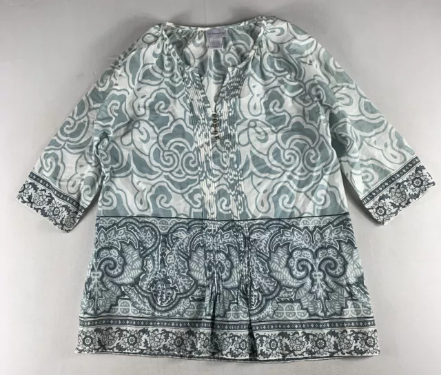 Soft Surroundings Tunic Pullover Blouse Womens Large Blue White Paisley Cotton