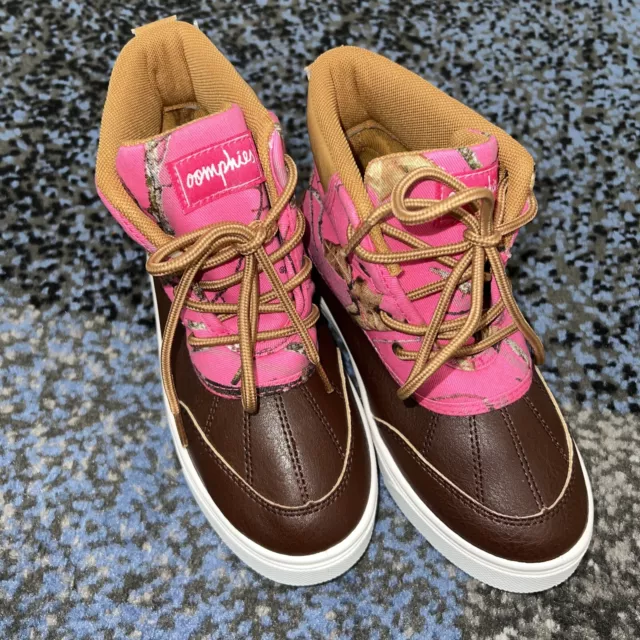 Oomphies Girls Pink Brown Round Toe Lace Up Comfort Duck Boot Size 2 New Without