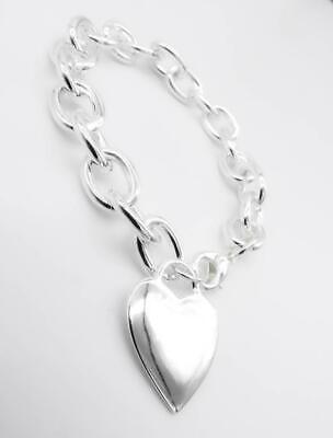 CLASSIC Silver Heart Charm Chain Links Lobster Claw Clasp Bracelet