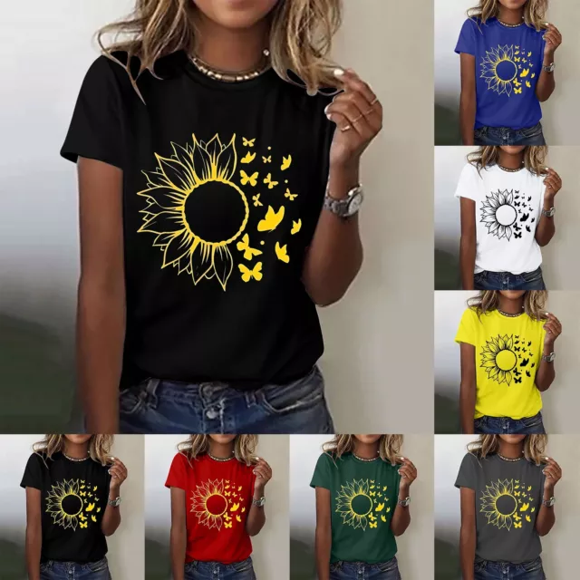 Women Sunflower Print T Shirt Summer Casual Floral Tee Graphic Short Sleeve Top