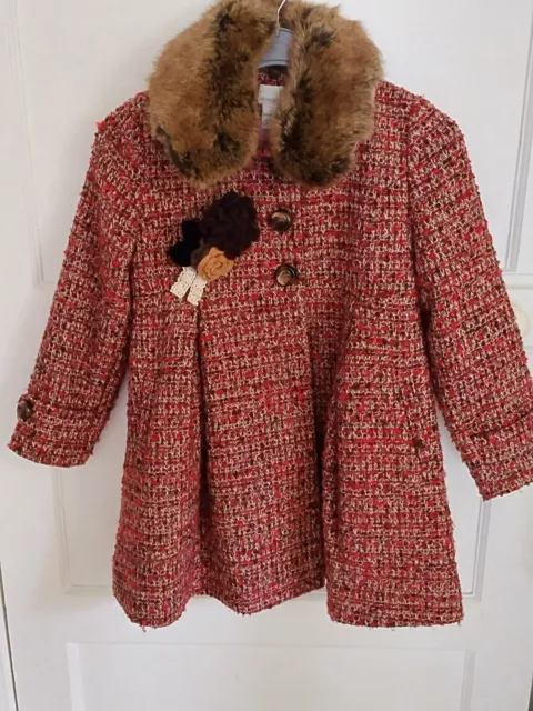 Monsoon Girls Maroon Tweed Coat Removable Faux Fur Collar & Corsage Age 7-8 Yrs