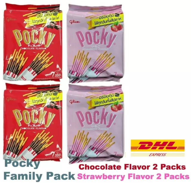 4 Packs Glico Pocky Family Pack Biscuit Stick Coated with Chocolate & Strawberry