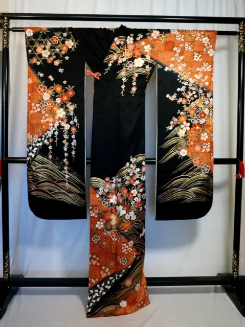 Japanese kimono SILK"FURISODE" long sleeves, Gold leaf, Rowel,Waves,L5' 5"..3448 2