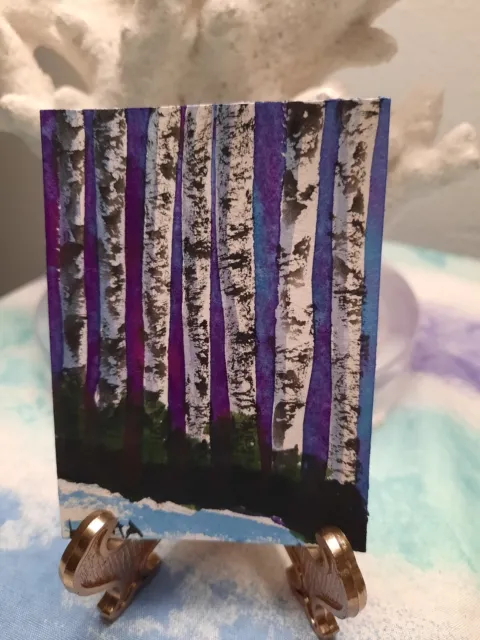 Watercolor ACEO Original Mini Painting 2.5x3.5 Night Night Birch Trees Landscape